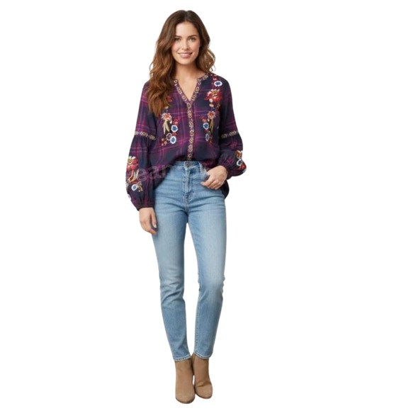 Time For Me Tops - Time For Me Plaid Embroidered Floral Balloon Sleeve V-Neck Blouse Women's Small